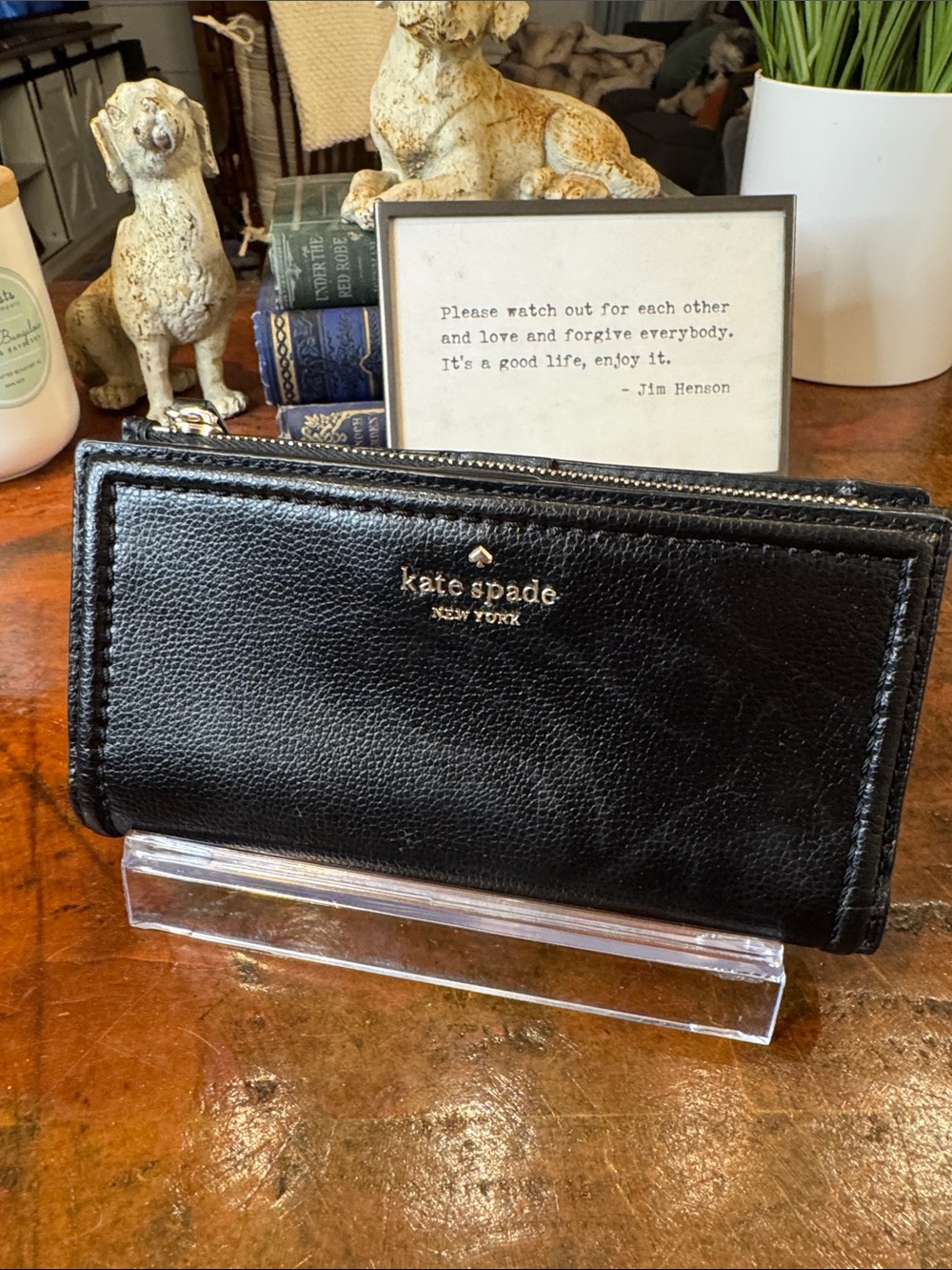 kate spade Black Leather Zip Wallet with Gold Logo